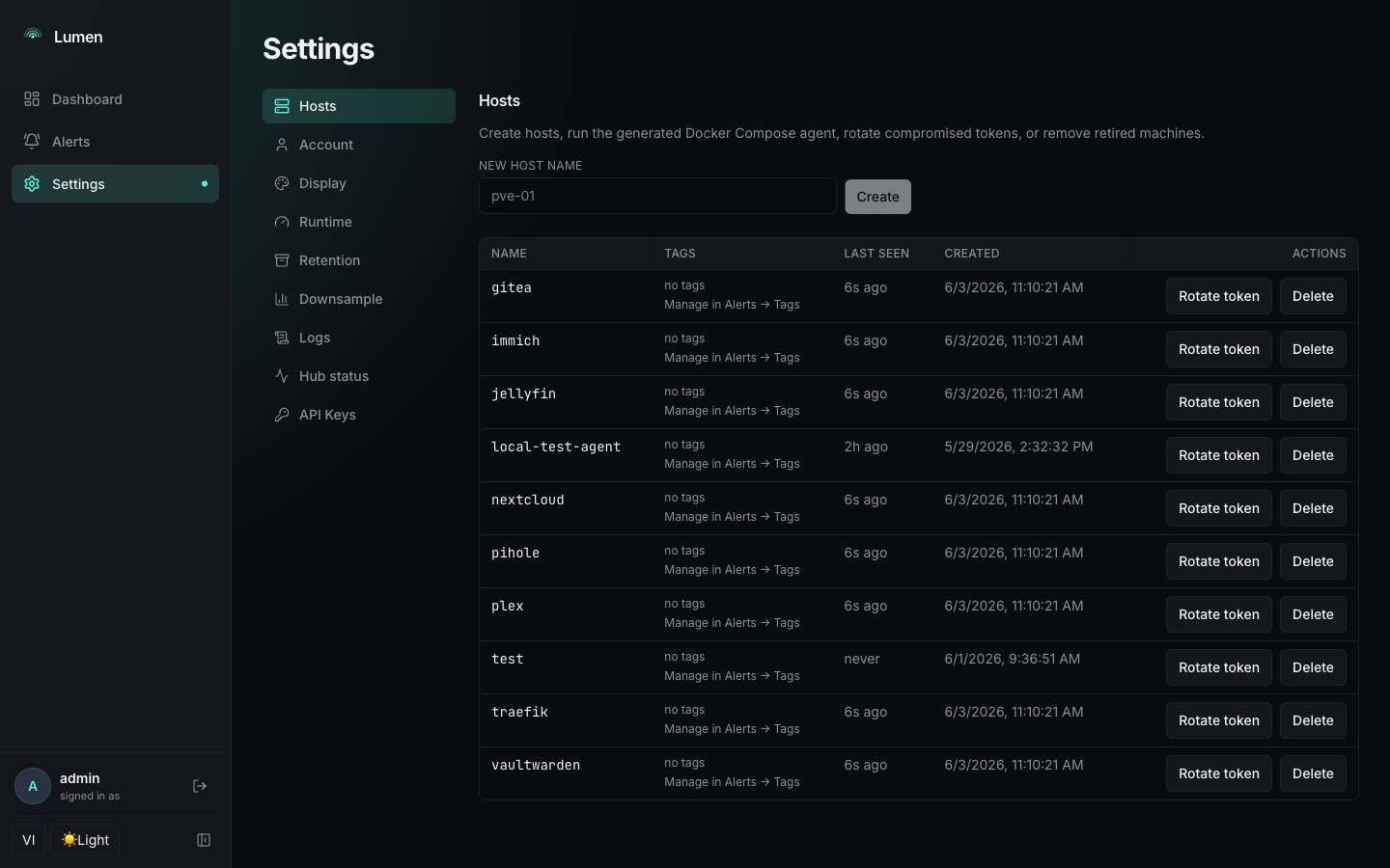 Lumen settings — hosts list with token rotation
